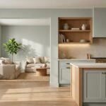 Sherwin Williams Clary Sage SW 6178 on kitchen walls and cabinets in a warm, natural modern interior.