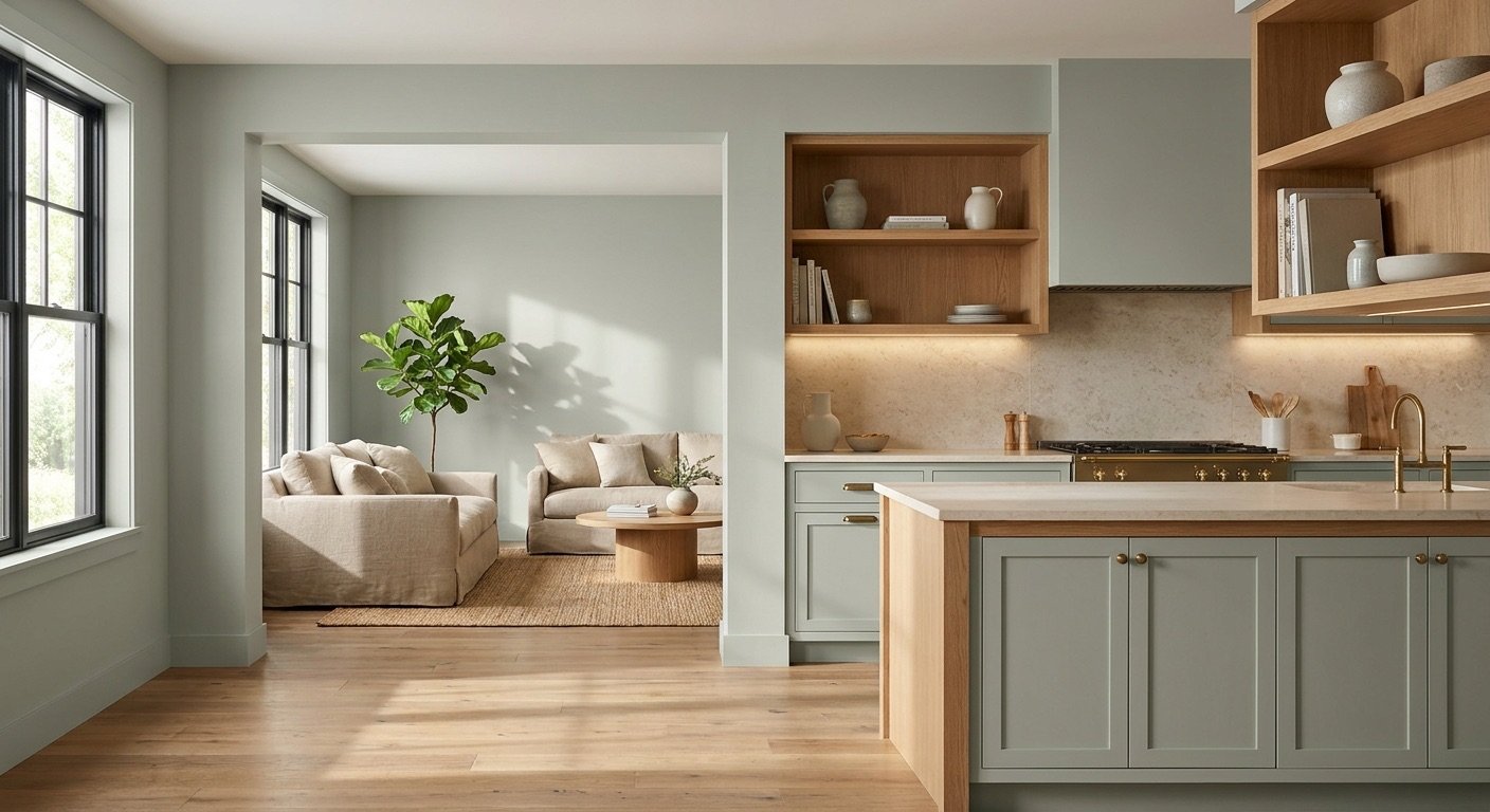 Sherwin Williams Clary Sage SW 6178 on kitchen walls and cabinets in a warm, natural modern interior.