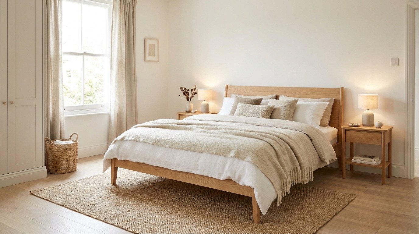 Cozy Scandinavian bedroom with wood bed frame and neutral linens