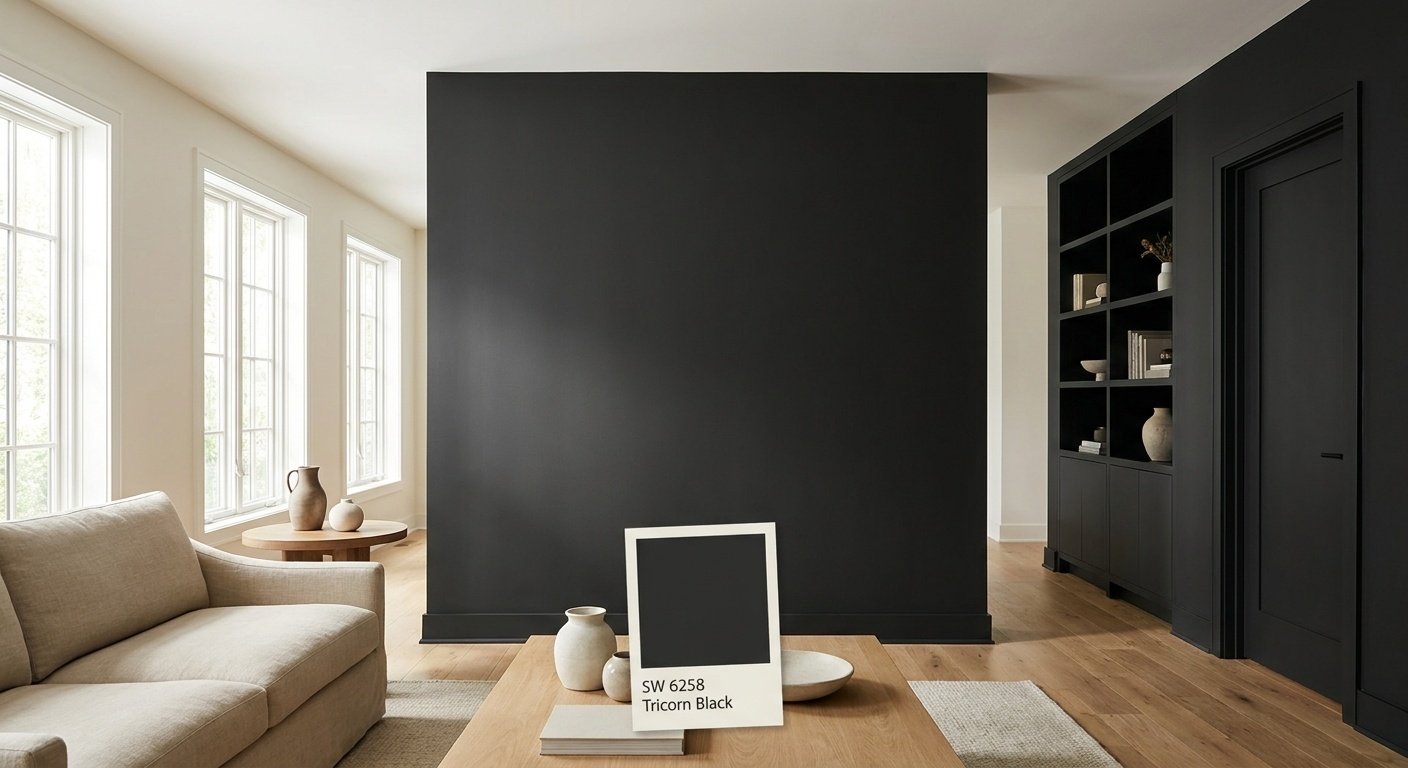 Sherwin-Williams Tricorn Black SW 6258 shown as a near-true black paint color on a sophisticated living room wall with a matching paint sample in natural daylight.