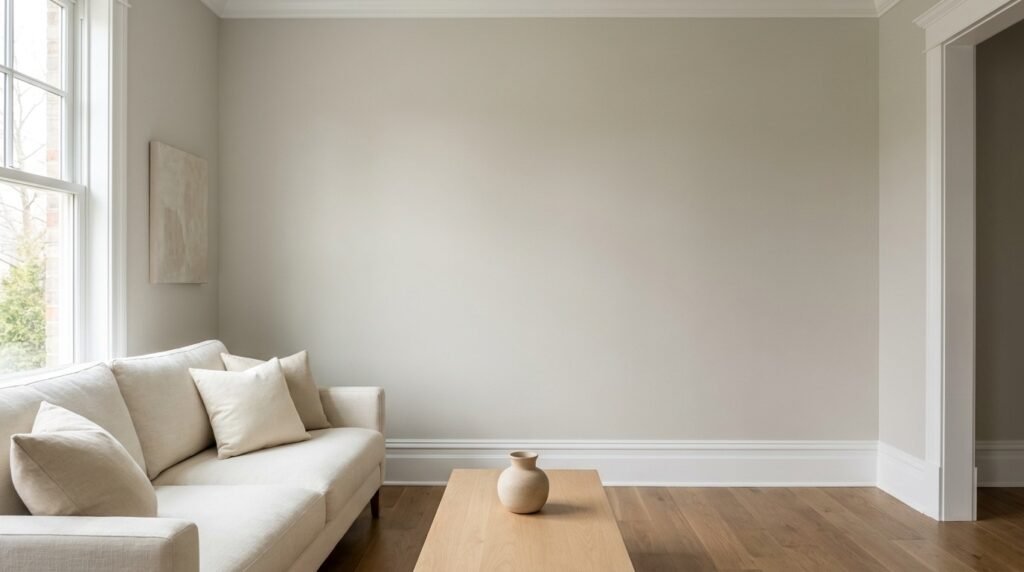 Living room with Benjamin Moore Edgecomb Gray HC-173 warm greige walls, ivory sofa, white trim, and natural oak flooring in soft daylight.