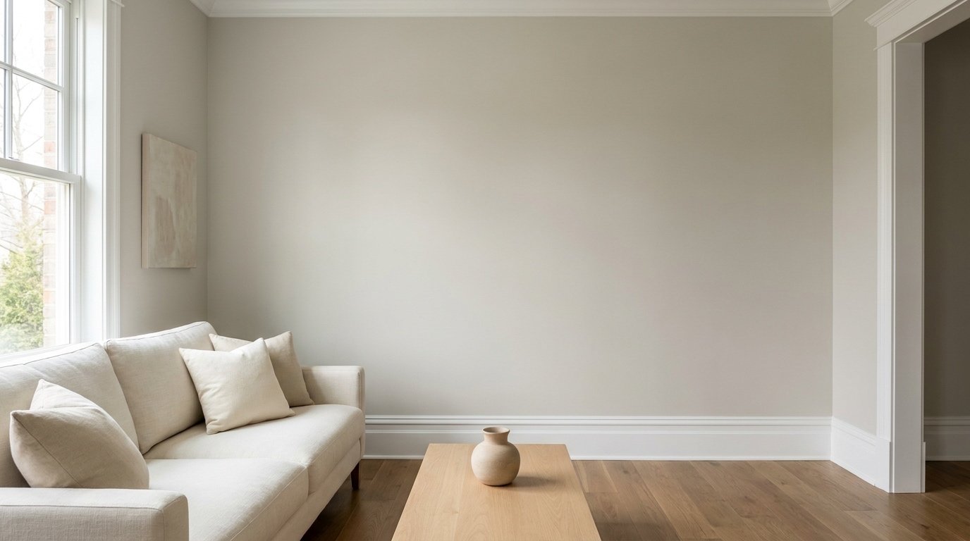 Living room with Benjamin Moore Edgecomb Gray HC-173 warm greige walls, ivory sofa, white trim, and natural oak flooring in soft daylight.