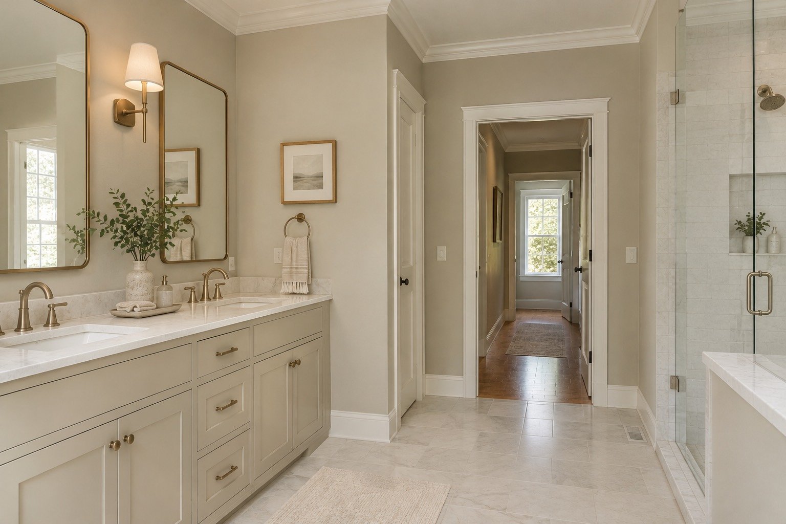 Edgecomb Gray walls in a bathroom with tile and mirror