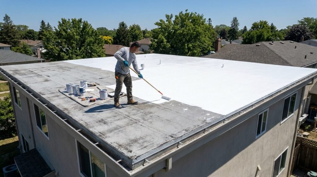 Contractor applying white roof coating to a flat residential rooftop to improve waterproofing and protect the roof surface.