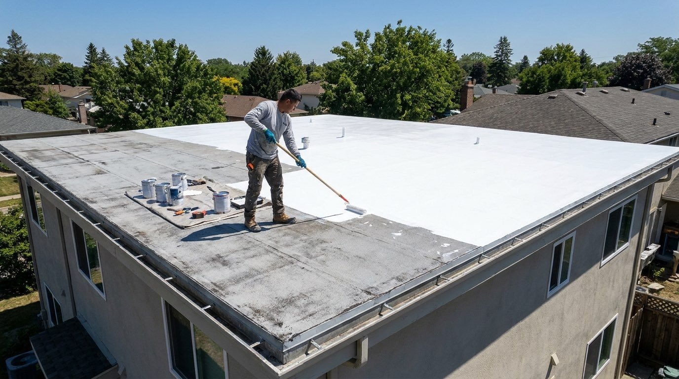 Contractor applying white roof coating to a flat residential rooftop to improve waterproofing and protect the roof surface.
