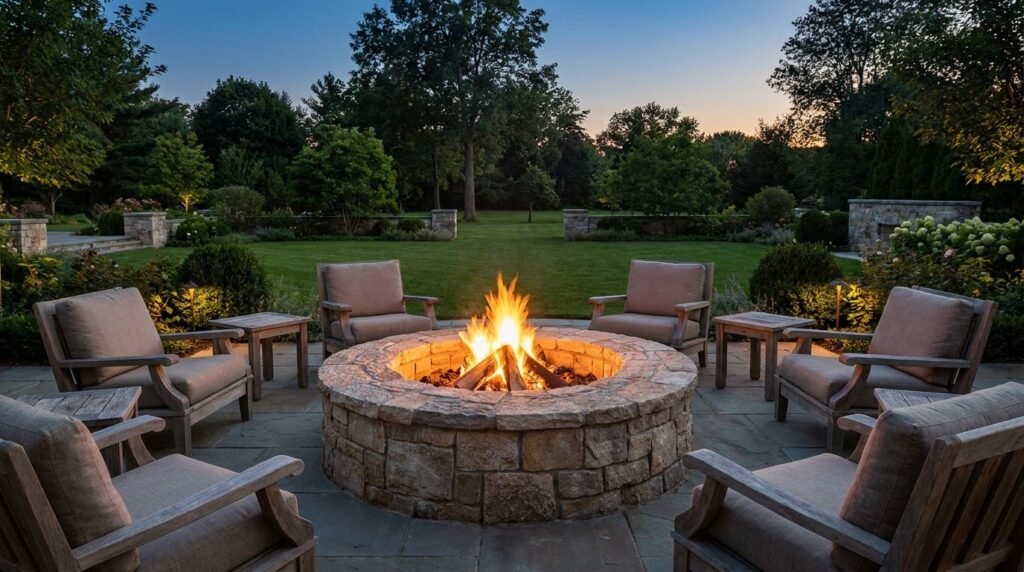 Backyard stone fire pit surrounded by outdoor chairs and natural landscaping at dusk.
