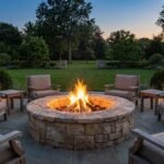 Backyard stone fire pit surrounded by outdoor chairs and natural landscaping at dusk.