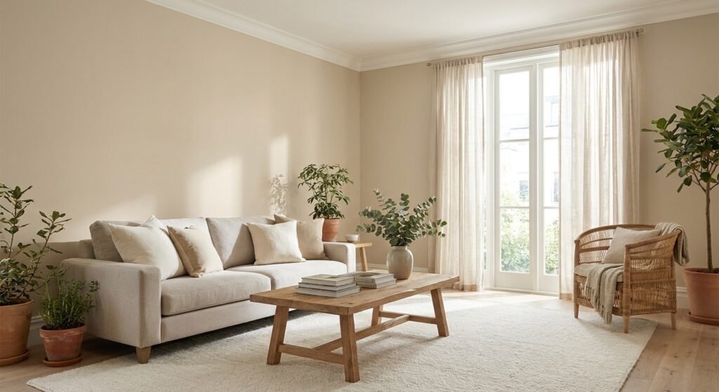 Living room with walls painted in Sherwin-Williams Natural Tan SW 7567, showing its soft warm beige-tan appearance in natural daylight.