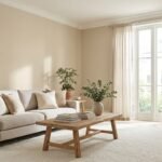 Living room with walls painted in Sherwin-Williams Natural Tan SW 7567, showing its soft warm beige-tan appearance in natural daylight.