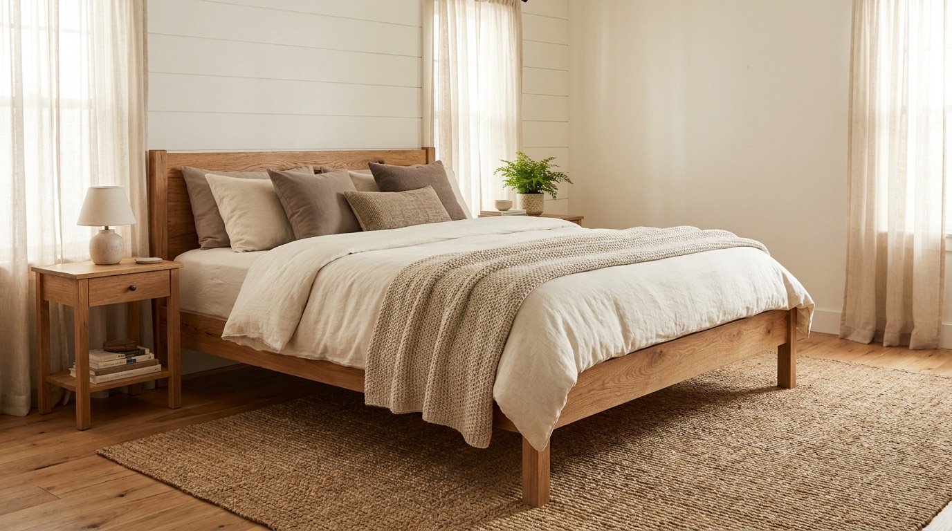 A well-made bed showcasing a wooden frame and a clean white bedspread.